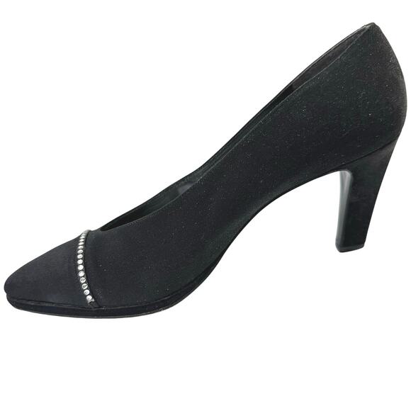 Vintage 80s/90s Stuart Weitzman for Neiman Marcus Black Satin Rhinestone Heels 8 - Picture 4 of 13